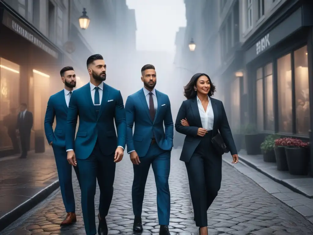 Profesionales seguros y diversos en la ciudad Un grupo diverso de profesionales camina con estilo por la ciudad