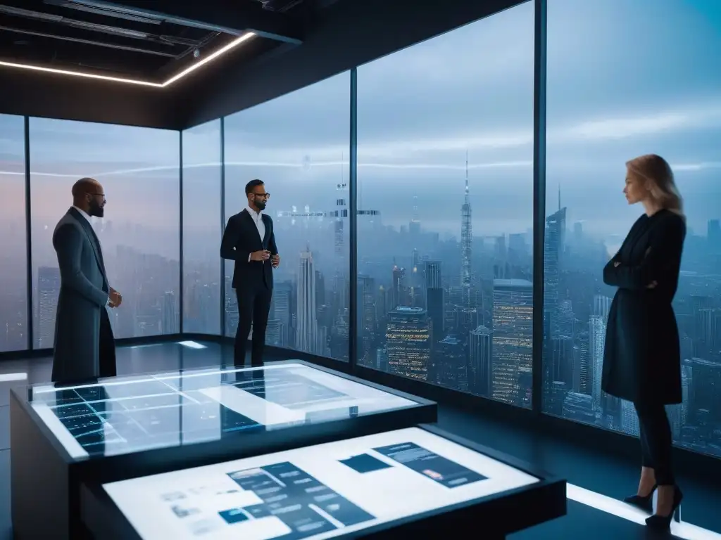 Profesionales de moda innovan en cadena sostenible Un grupo diverso de profesionales de la industria de la moda sostenible colaborando en una oficina moderna con vista a la ciudad