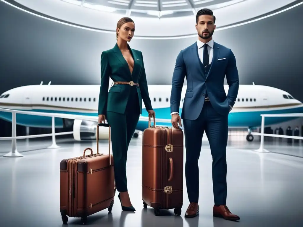 Estilo y elegancia: Profesionales con variedad de maletas de lujo en lounge moderno Un grupo diverso de profesionales muestra maletas de lujo en un elegante salón de aeropuerto, reflejando estilo y sofisticación
