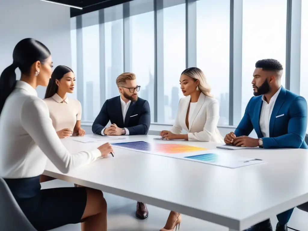 Profesionales de la moda diversa ideando estrategias de precios Un grupo diverso de profesionales de la moda colaborando en estrategias para maximizar rentabilidad en un ambiente elegante y moderno