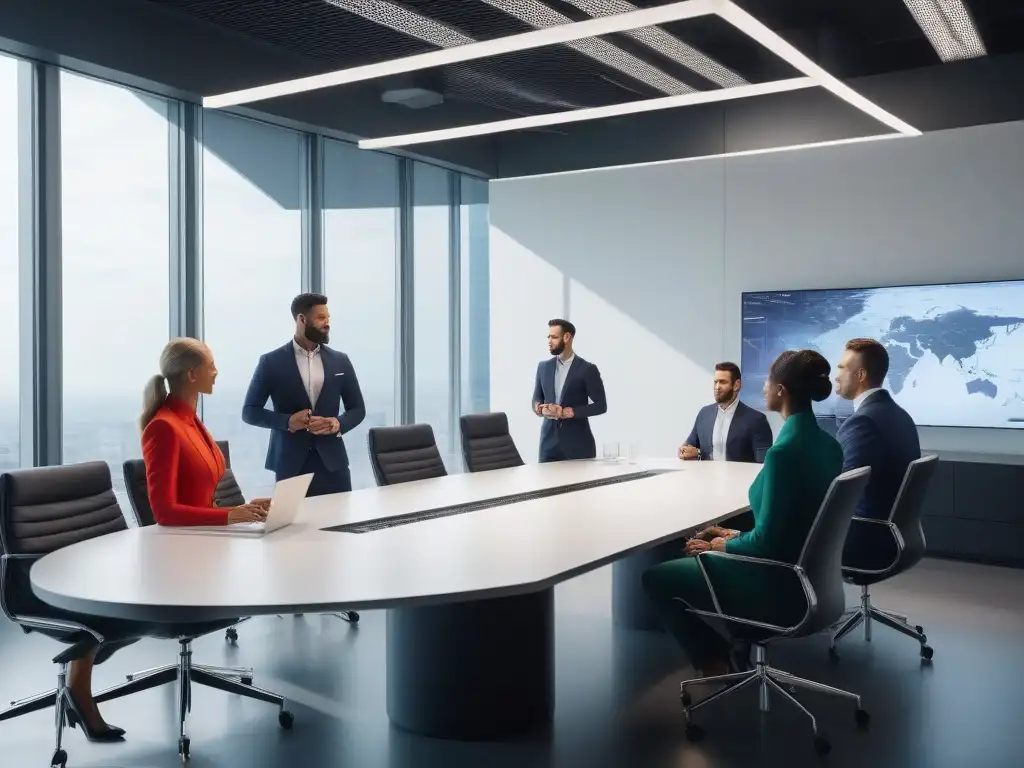 Profesionales colaborativos en oficina moderna Grupo diverso de profesionales en una oficina moderna y luminosa, discutiendo en una mesa de conferencias