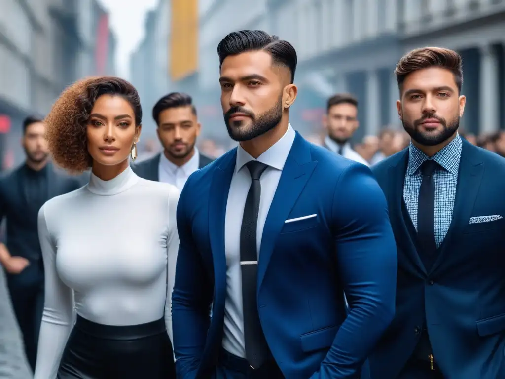 Moda inclusiva: profesionales urbanos con tecnología premium Un grupo diverso de profesionales muestra wearables premium en un entorno urbano moderno, fusionando tecnología y moda