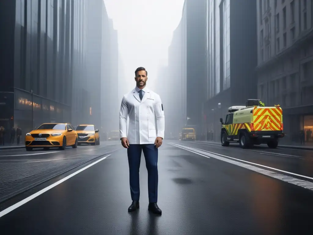 Profesionales con ropa de trabajo innovadora adaptada a sus necesidades Un grupo diverso de profesionales con ropa adaptativa para todos cuerpos, en una ciudad futurista