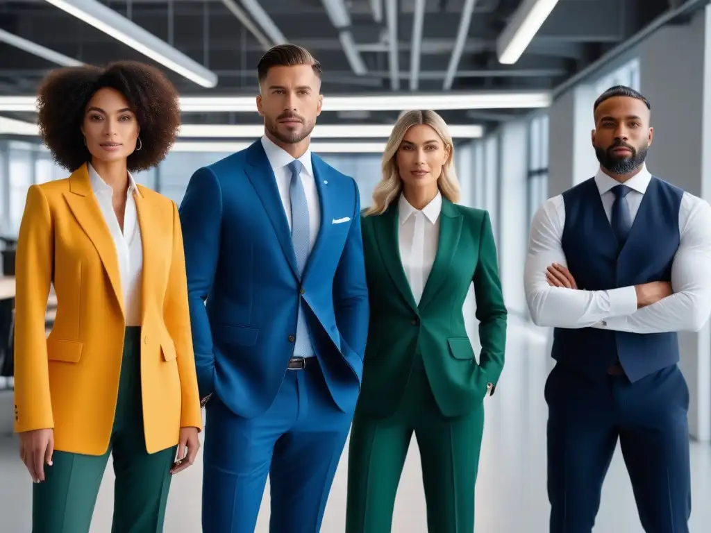 Profesionales sostenibles: unidad y diversidad en la moda eco Un grupo diverso de profesionales en ropa de trabajo sostenible, unidos en un espacio luminoso de oficina