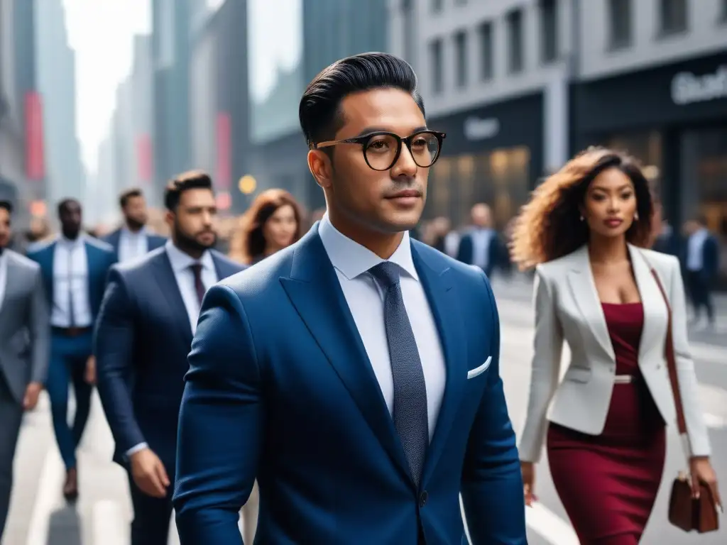 Profesionales seguros y diversos en la ciudad Un grupo diverso de profesionales seguros caminan por la ciudad, reflejando moda inclusiva y diversidad corporal