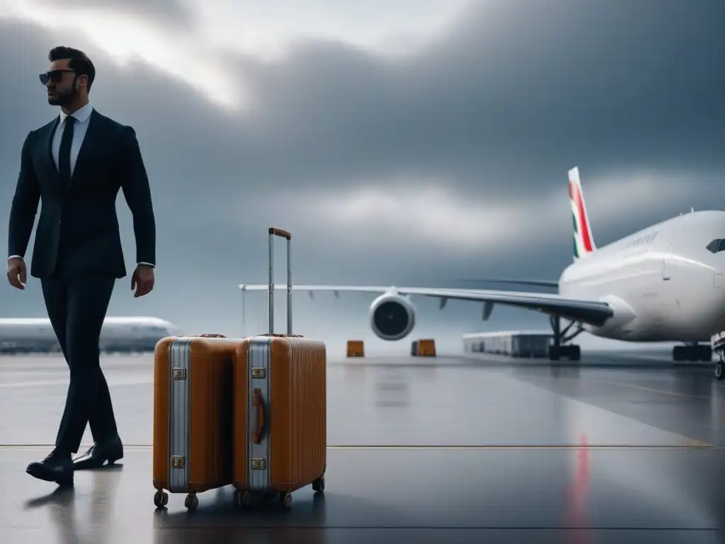 Profesionales diversos desfilan con elegancia en aeropuerto de lujo Un grupo diverso de profesionales seguros y elegantes caminan con equipaje de lujo en un aeropuerto moderno