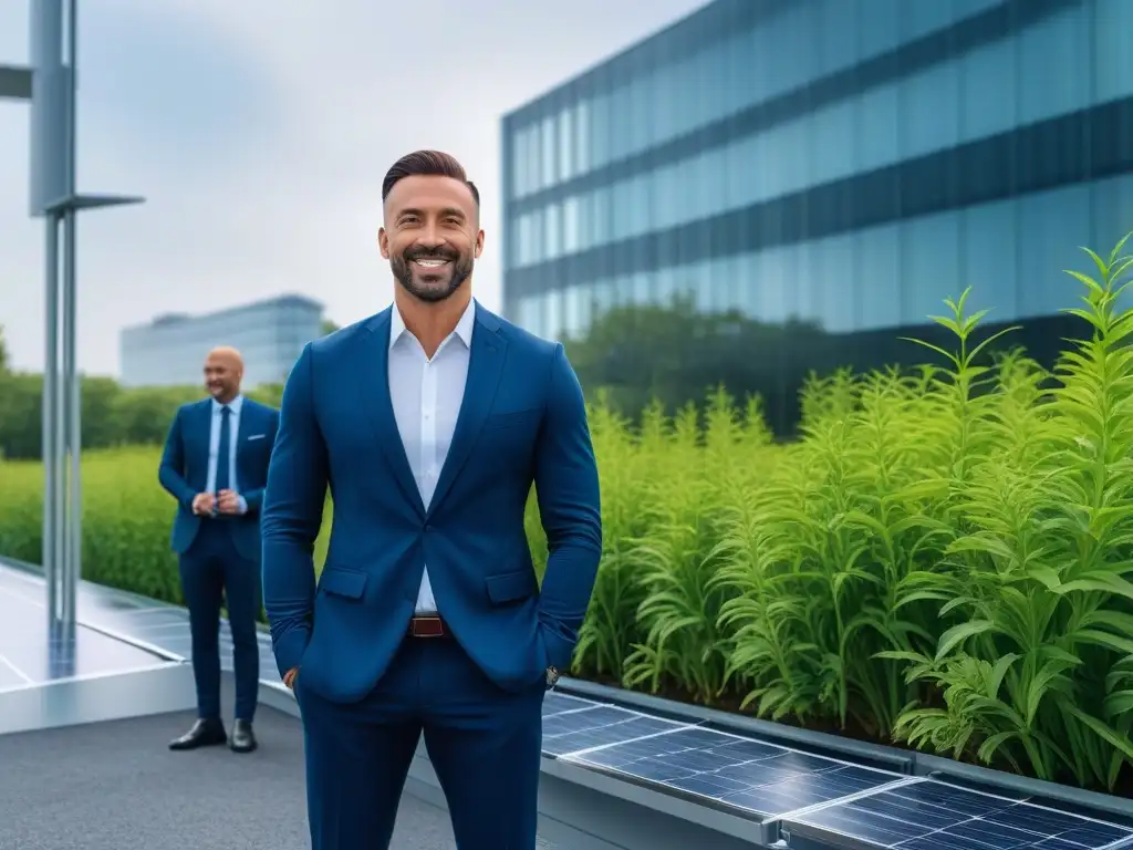Profesionales sonrientes en atuendos sostenibles frente a edificio eco Un grupo diverso de profesionales sonrientes en ropa de trabajo sostenible, frente a un edificio moderno con paneles solares y vegetación