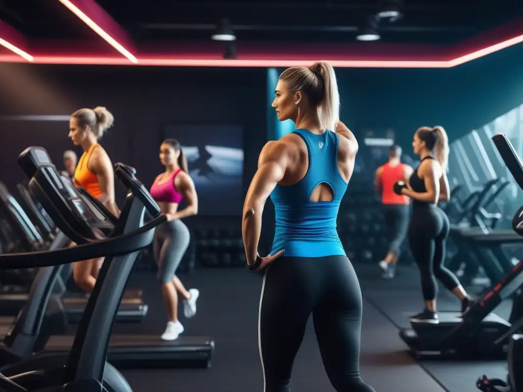 Clase de fitness premium: diversidad y motivación en gimnasio moderno Un grupo diverso disfruta de un programa fitness premium inclusivo y personalizado en un gimnasio moderno y vibrante
