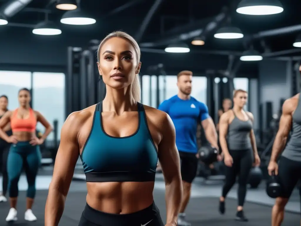 Clase de fitness inclusiva con entrenador profesional en gimnasio moderno Un grupo diverso disfruta de un programa de fitness premium con un entrenador motivador en un gimnasio moderno