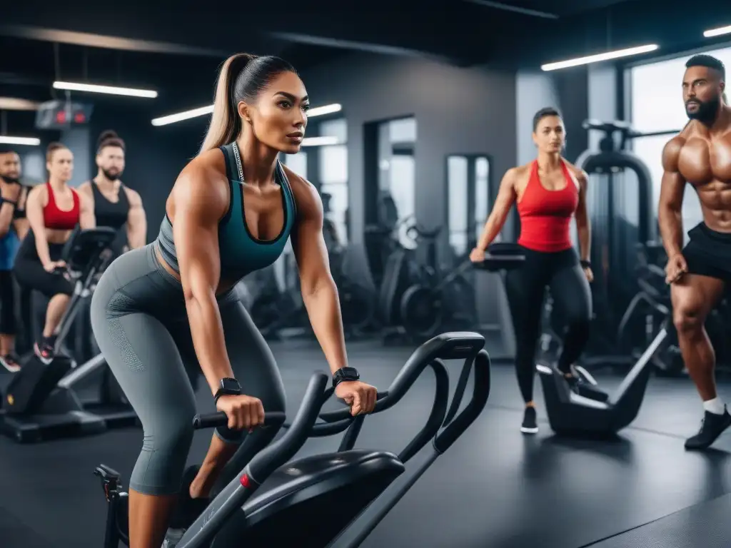 Clase premium de fitness: diversidad, inclusividad y motivación Un grupo diverso disfruta de programas fitness premium inclusivos y personalizados en un gimnasio moderno