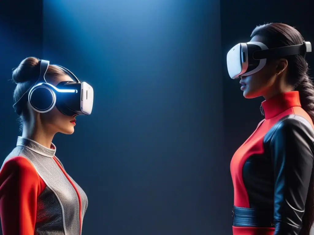 Realidad Virtual en la Moda: Diversidad e Innovación en 8K Grupo diverso en prueba de ropa virtual inclusiva con tecnología futurista en estudio digital hightech