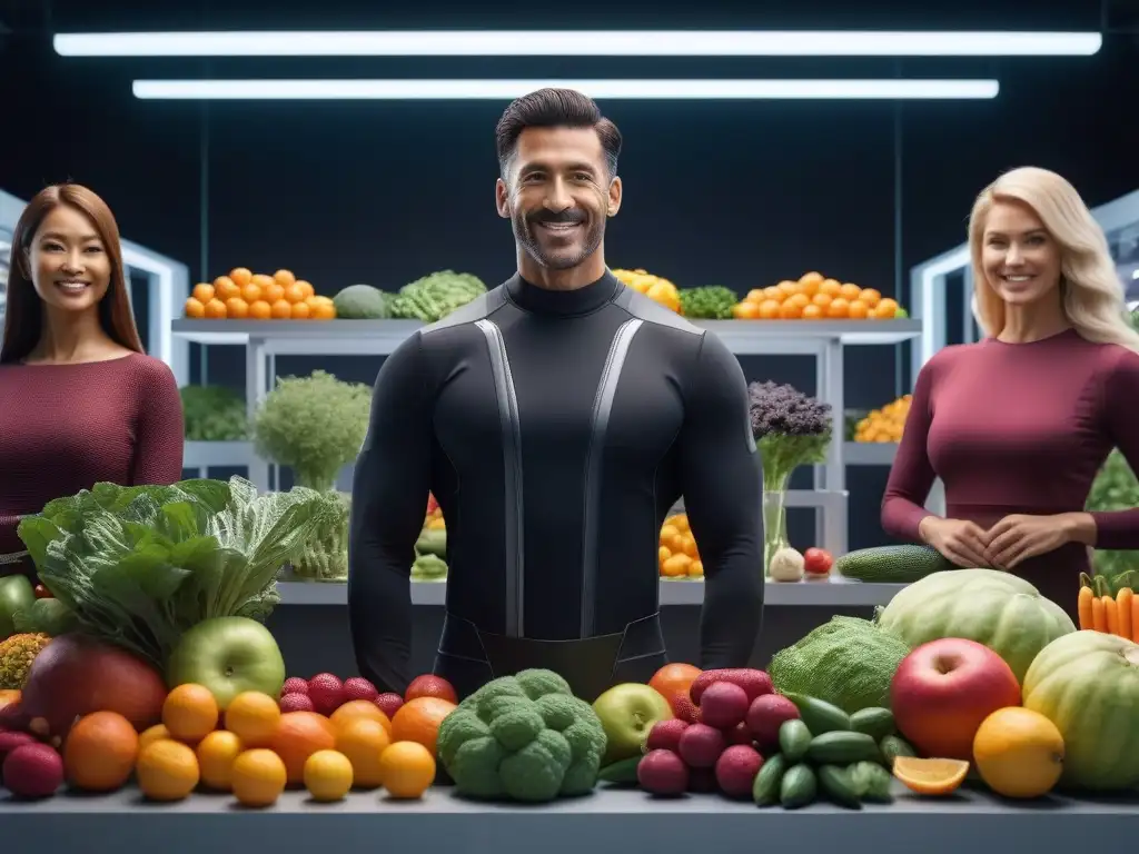 Grupo diverso y saludable en laboratorio futurista Un grupo diverso sonríe rodeado de frutas y verduras en un laboratorio futurista