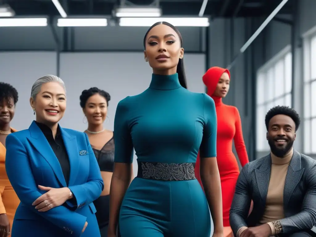 Diversidad inclusiva en moda adaptativa: diseño creativo y empoderamiento Un grupo diverso interactúa alegremente con ropa adaptada creativamente