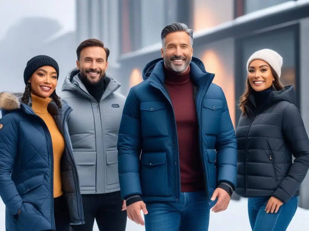 Moda Inclusiva de Invierno: Estilo para Todos Grupo diverso sonríe con ropa adaptativa invierno, en paisaje urbano nevado, iluminación natural