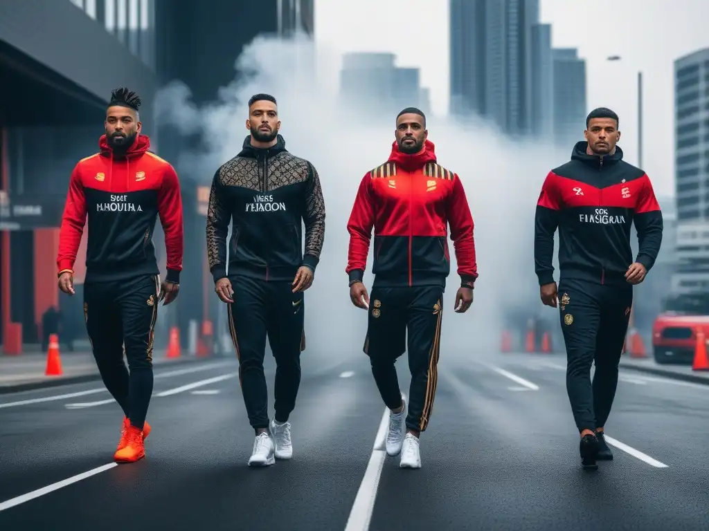 Moda deportiva personalizada: diversidad y estilo único en la ciudad 'Grupo diverso con ropa deportiva personalizada que refleja su estilo único