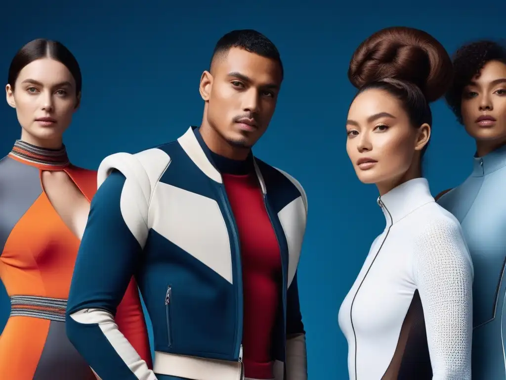 Moda futurista: Ropa inteligente para todos los cuerpos Grupo diverso viste ropa futurista y adaptable, reflejando confianza