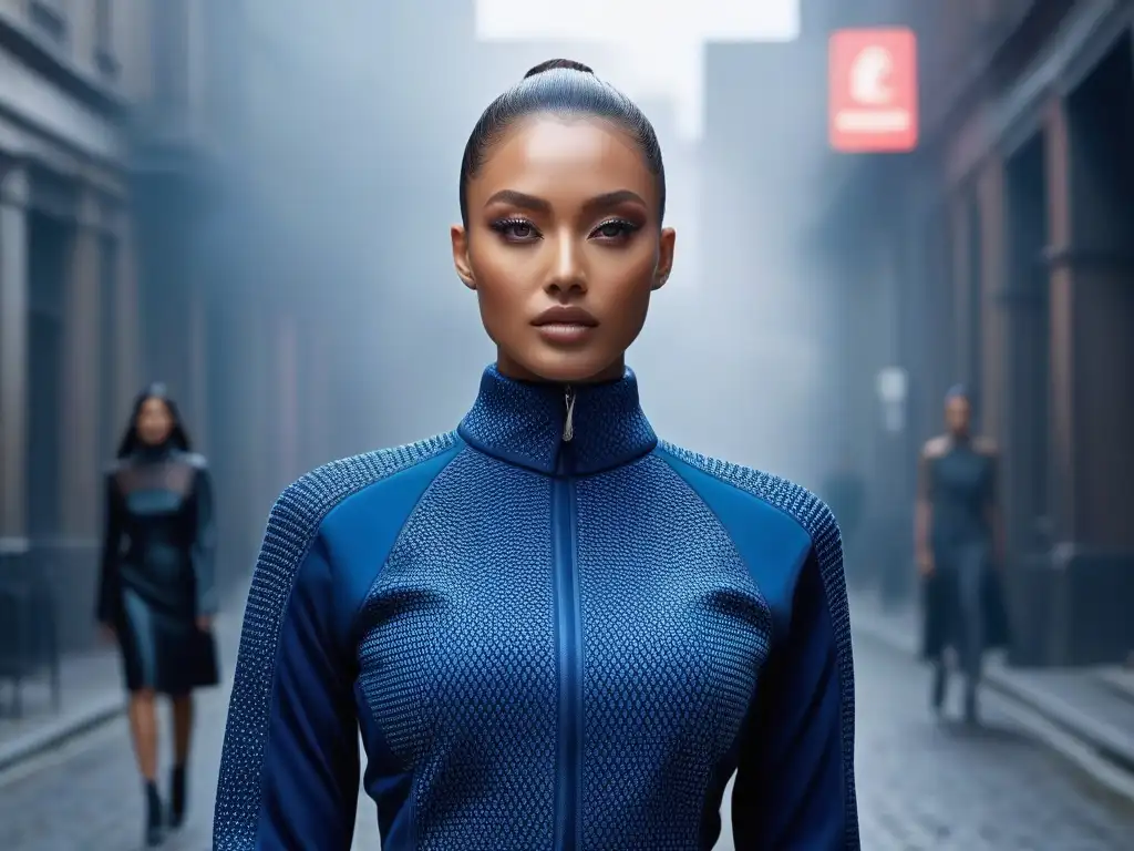 Moda futurista adaptable en entorno urbano sofisticado Un grupo diverso viste ropa futurista adaptable para diferentes cuerpos en entorno urbano sofisticado
