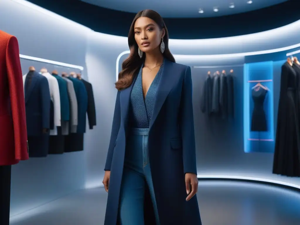 Futurista probador virtual con tecnología avanzada y moda personalizada Grupo diverso probando ropa en sala de probadores virtual futurista