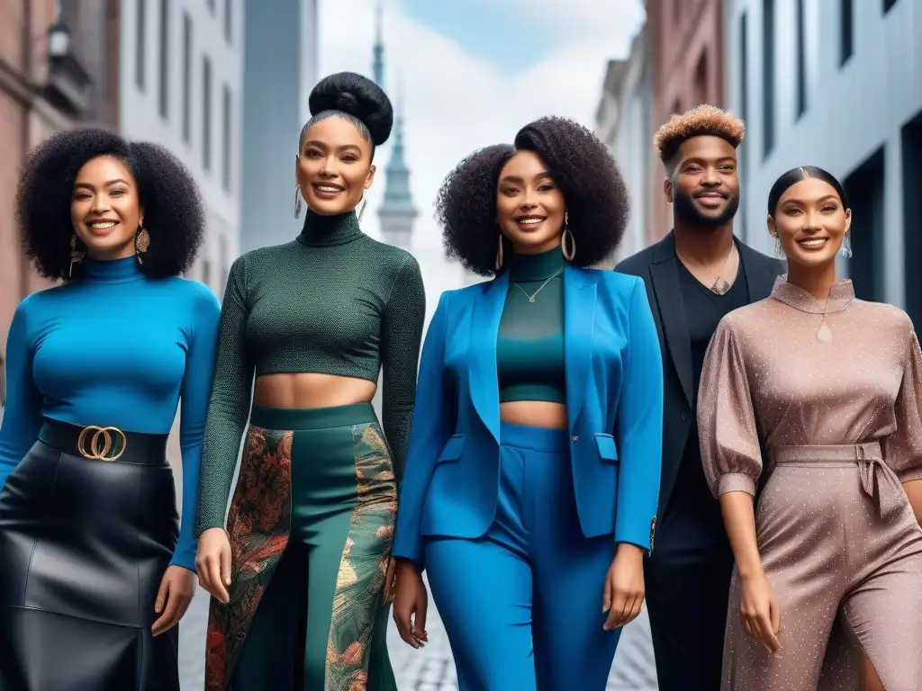 Moda inclusiva: Diversidad y estilo en la ciudad Un grupo diverso sonríe con seguridad en moda adaptativa inclusiva y diversa, uniendo tradición e innovación en la ciudad
