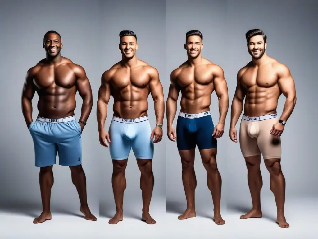 Variedad de hombres seguros y estilosos en ropa interior masculina Un grupo diverso y seguro de hombres posando juntos con estilo en ropa interior moda masculina inclusiva