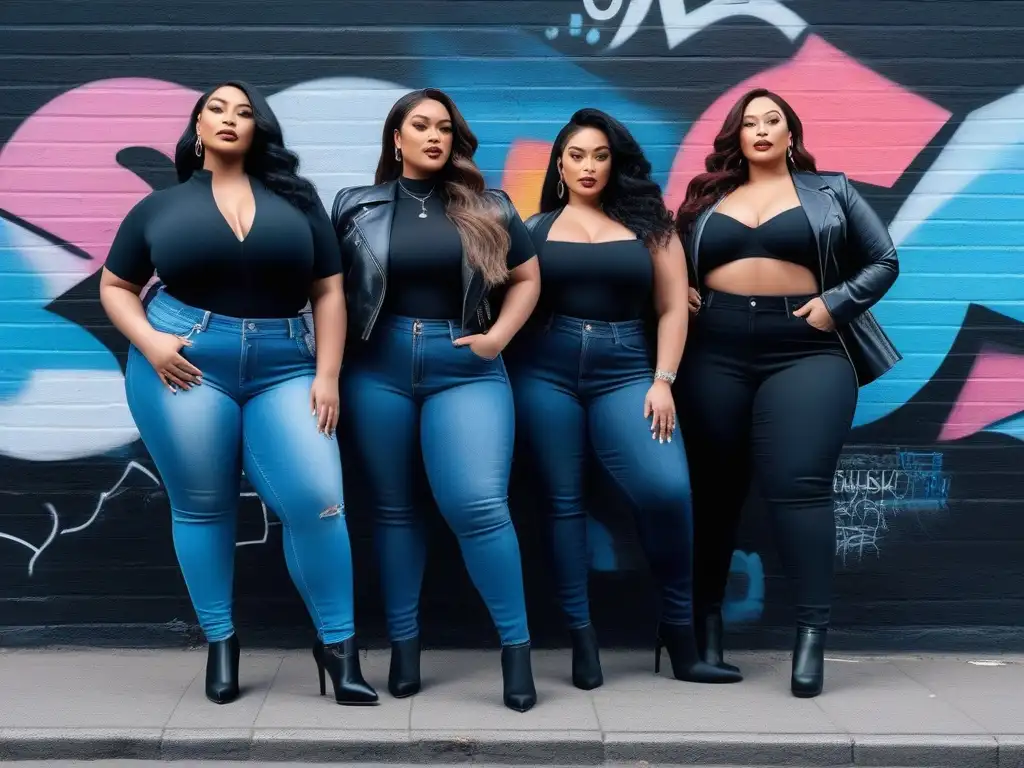 Plussize denim: diversidad y estilo urbano Un grupo diverso y seguro de sí mismo, usando los mejores jeans plus size 2021 en una atmósfera urbana y moderna