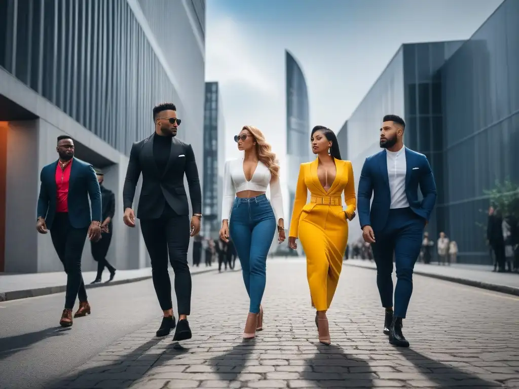 Grupo diverso de personas seguras caminando por la ciudad Un grupo diverso y seguro de sí mismo, con diferentes estilos y etnias, camina por una calle urbana elegante