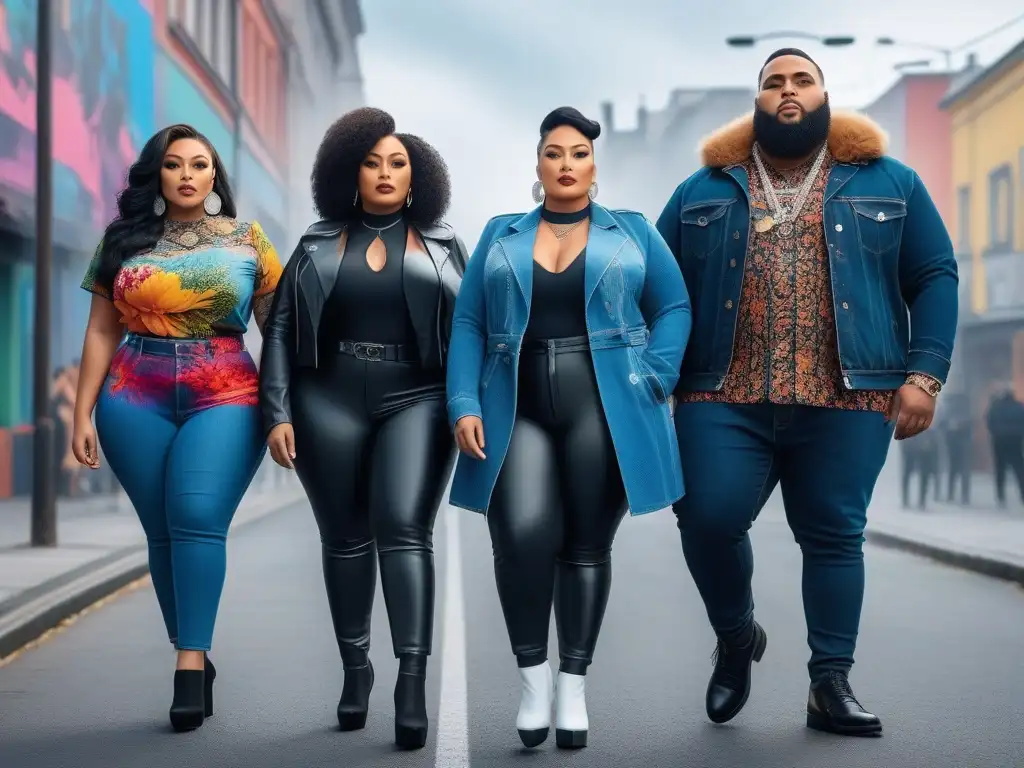 Empoderamiento plussize: diversidad, estilo y confianza urbana Un grupo diverso y seguro de sí mismo viste moderna ropa plus size, reflejando autoestima y estilo único en un entorno urbano inspirador y colorido