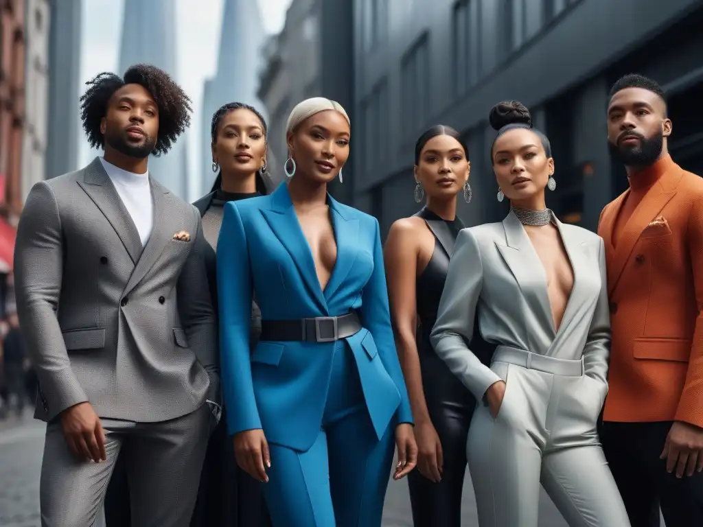Moda sostenible: diversidad y confianza en la ciudad del futuro Un grupo diverso y seguro de sí mismo modela moda sostenible para todos cuerpos en un escenario urbano futurista