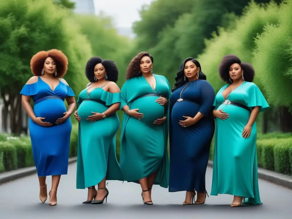 Empoderadas plussize: moda maternal diversa en la ciudad Un grupo diverso y seguro de mujeres embarazadas de tallas grandes, vistiendo ropa maternal trendy en la ciudad