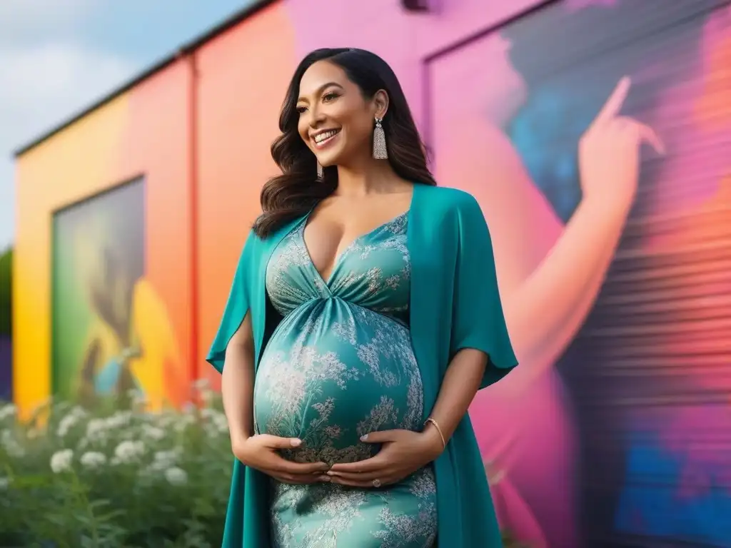 Maternidad inclusiva: mujeres embarazadas confiadas en moda urbana Un grupo diverso y seguro de mujeres embarazadas de diferentes etnias y tamaños vistiendo blusas maternidad de moda en un escenario urbano vibrante