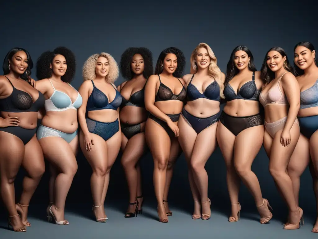 Desfile de moda: Lencería plus size con estilo y confianza Un grupo diverso y seguro de sí mismos muestra con orgullo lencería plus size en una tienda moderna y brillante