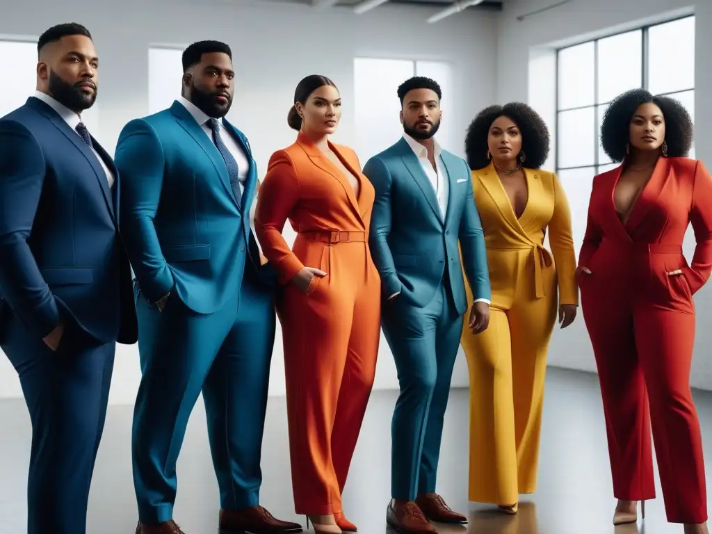 Grupo diverso y seguro con jumpsuits trendy en loft moderno Un grupo diverso y seguro de sí mismo de personas de talla grande en modernos jumpsuits, en un loft luminoso