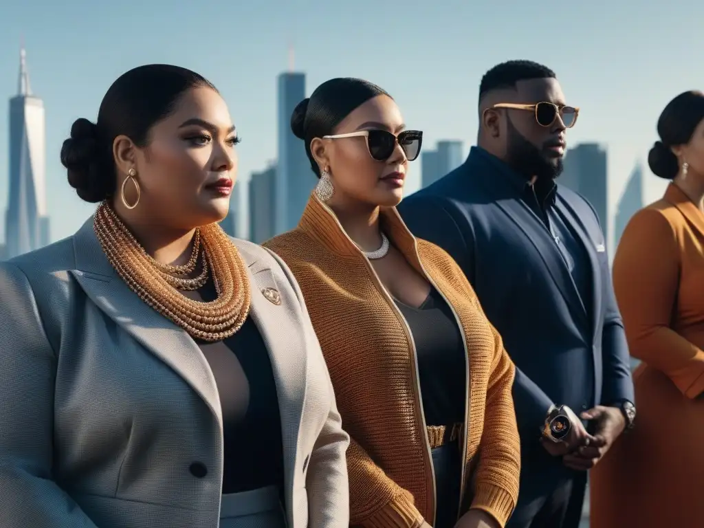 Grupo diverso de moda plus size: empoderamiento y estilo urbano Un grupo diverso y seguro de personas de talla plus luciendo ropa de lujo accesible, en una ciudad moderna