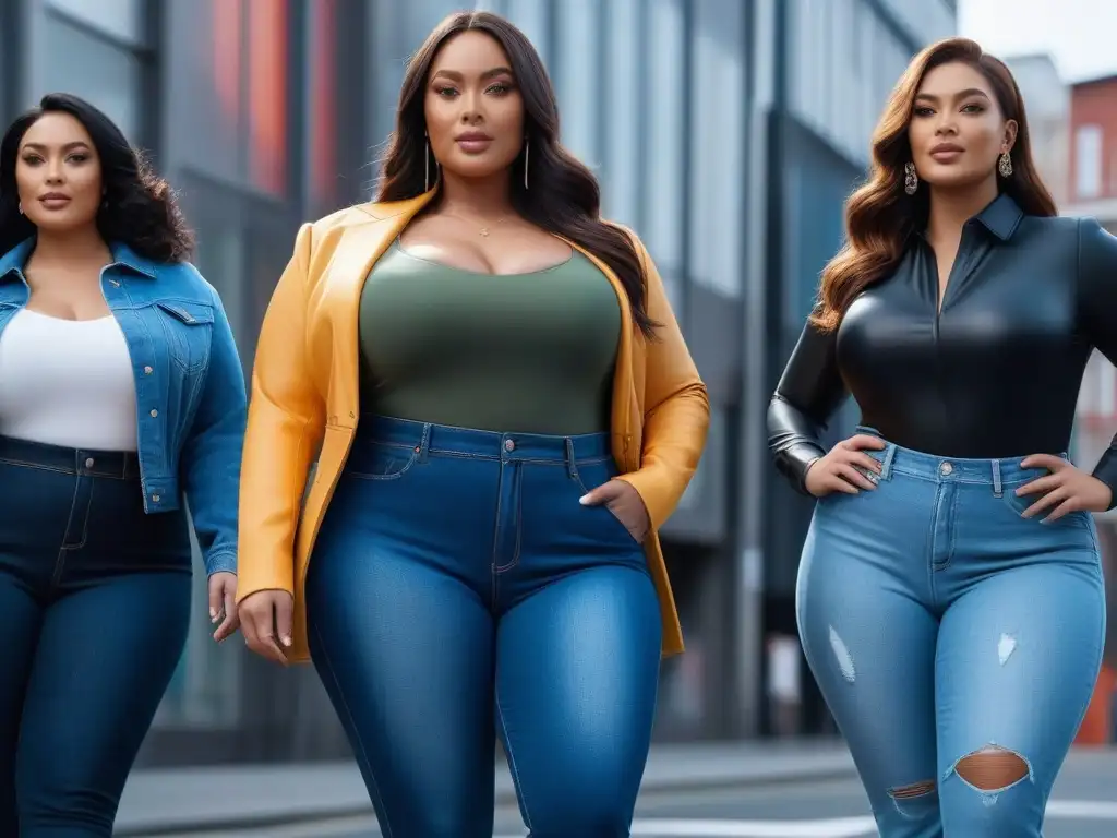 Plussize jeans: diversidad y estilo en alta definición Un grupo diverso y seguro de personas de talla grande posando alegres en jeans de moda