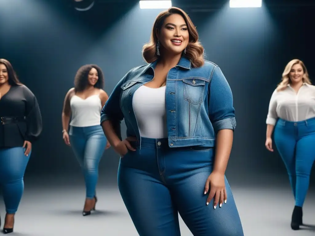 Moda inclusiva: Plussize probando jeans de moda 2021 Un grupo diverso y seguro de sí mismo prueba los mejores jeans plus size 2021 en una boutique moderna, irradiando inclusividad y empoderamiento