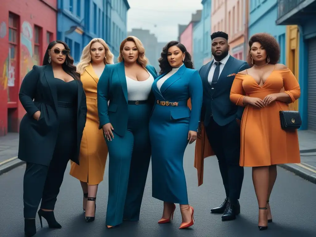 Moda plus size: diversidad y empoderamiento en la ciudad Un grupo diverso y seguro de sí, viste ropa a la moda y favorecedora para todos los cuerpos en una escena urbana colorida