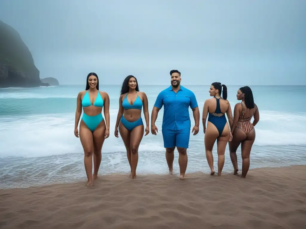 Diversidad y empoderamiento en trajes de baño inclusivos Un grupo diverso y seguro de sí mismo, usando ropa de baño inclusiva en la playa en verano