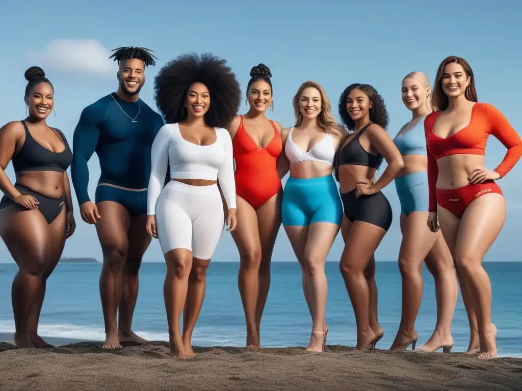 Empoderamiento y diversidad: sonrisas en ropa interior inclusiva Un grupo diverso y seguro de sí mismo, mostrando ropa interior cómoda para cuerpos trans en un estudio moderno y luminoso