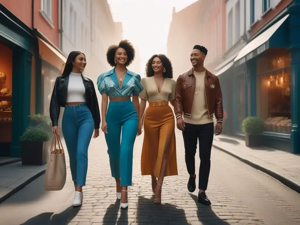 Jóvenes diversos con moda sostenible en la ciudad al atardecer Un grupo diverso y sonriente de jóvenes camina por la ciudad luciendo moda sostenible inclusiva accesible costo al atardecer
