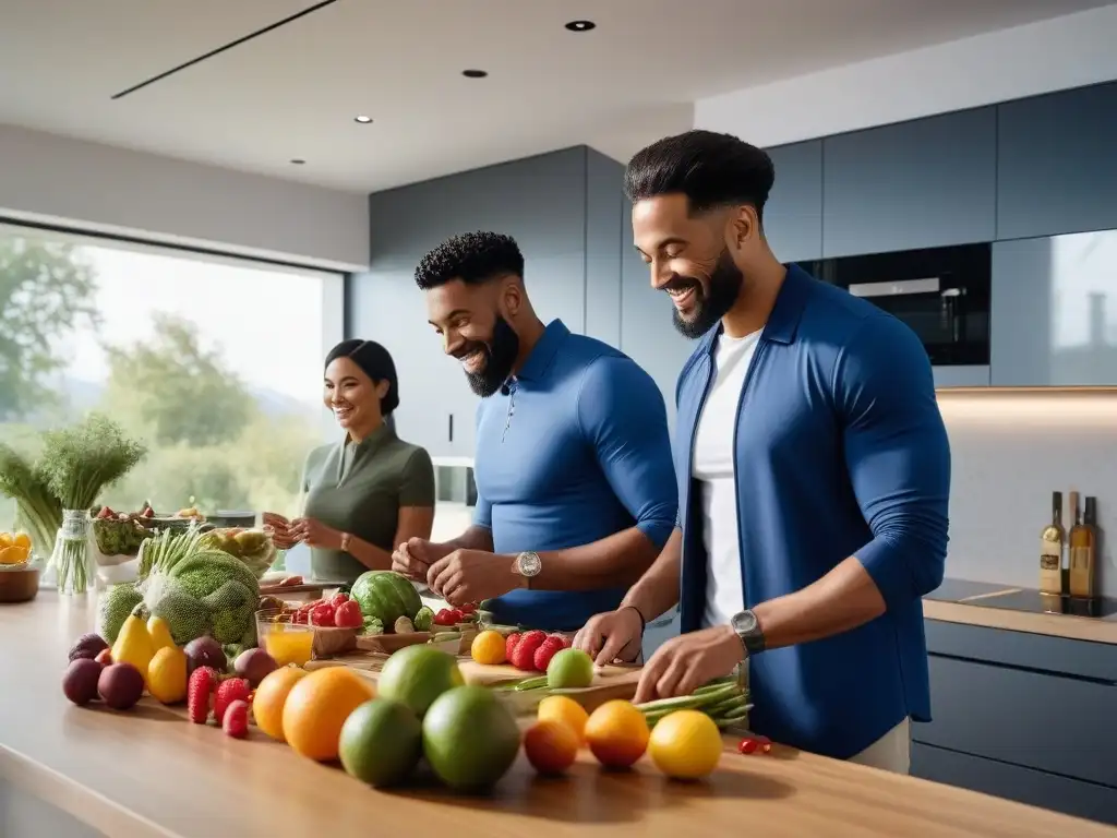 Cocina saludable: diversidad, alegría y bienestar Un grupo diverso y sonriente prepara comidas saludables en una cocina moderna y luminosa
