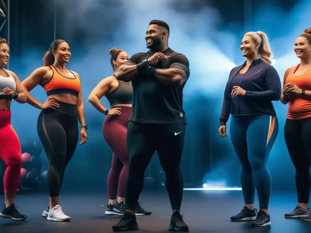 Grupo diverso de plussize activo y feliz en gimnasio moderno Un grupo diverso y sonriente haciendo ejercicio con wearables fitness para tallas especiales en un gimnasio moderno