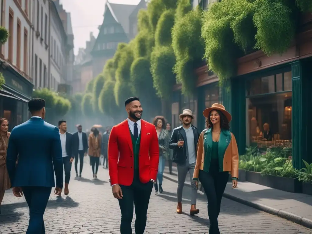 Comunidad sostenible: moda eco en la ciudad Un grupo diverso y sonriente en moda sostenible, caminando por la ciudad