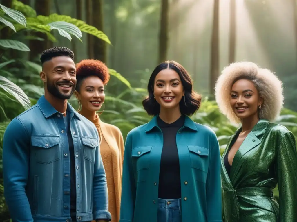 Grupo diverso sonríe en outfits sostenibles, en bosque verde Un grupo diverso posa sonriente en la naturaleza luciendo atuendos de alquiler de moda inclusiva sostenible