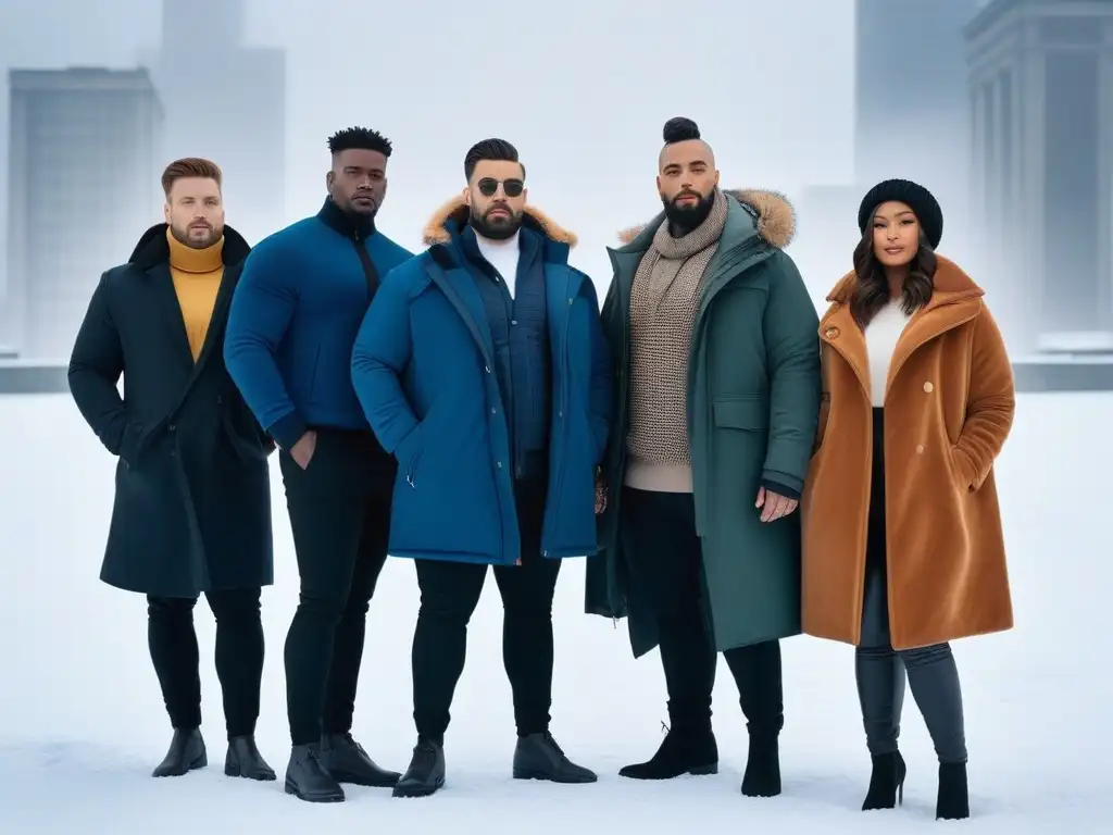 Moda invernal inclusiva: Estilo adaptativo para todos Un grupo diverso con diferentes tallas y habilidades modelando moda inclusiva de invierno en la nieve