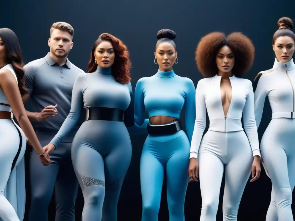 Moda inclusiva: diversidad y tecnología en wearables futuristas Un grupo diverso usando tecnología en moda inclusiva para todos cuerpos, en escenario futurista
