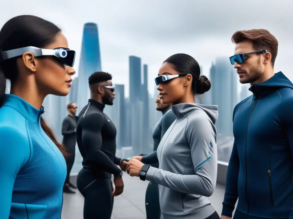 Transformando el futuro: Grupo diverso con tecnología wearable premium Grupo diverso usando tecnología wearable en una ciudad futurista, promoviendo inclusión y diversidad