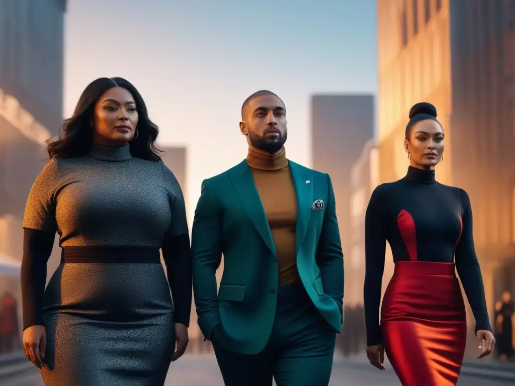 Moda inclusiva: Telas adaptables en la diversidad urbana Un grupo diverso con tejidos adaptativos para moda inclusiva en una ciudad futurista al atardecer