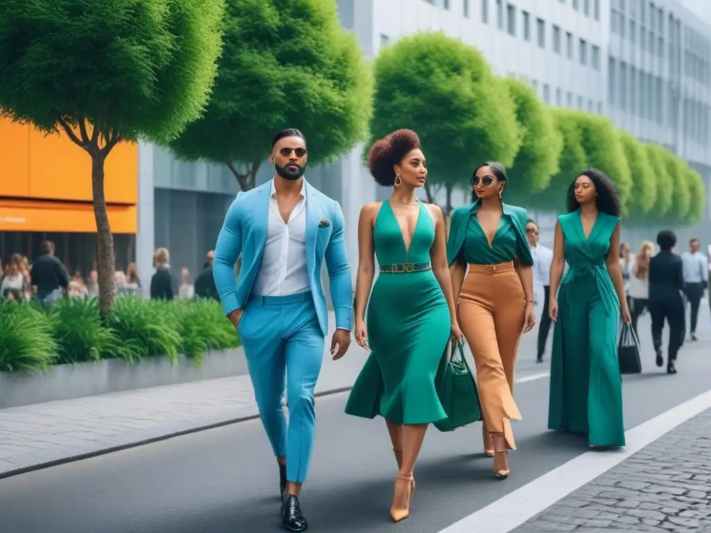 Moda sostenible en la ciudad: estilo vibrante y ecofriendly Un grupo diverso en tendencias de moda sostenible 2023 camina con confianza en una ciudad moderna y ecológica