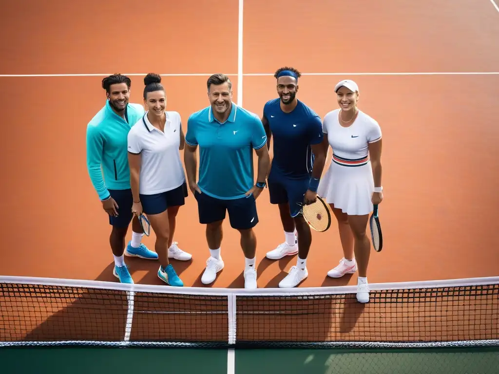 Diversidad y estilo: jugadores de tenis inclusivos en acción Un grupo diverso de tenistas con ropa inclusiva para todos los cuerpos, jugando en una moderna cancha de tenis