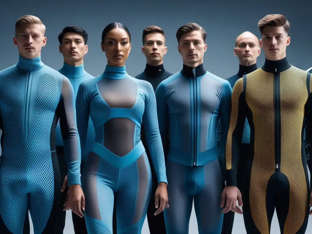 Moda futurista: tecnología integrada en diseños innovadores Un grupo diverso viste textiles inteligentes en moda inclusiva, fusionando tecnología y arte en prendas modernas y coloridas